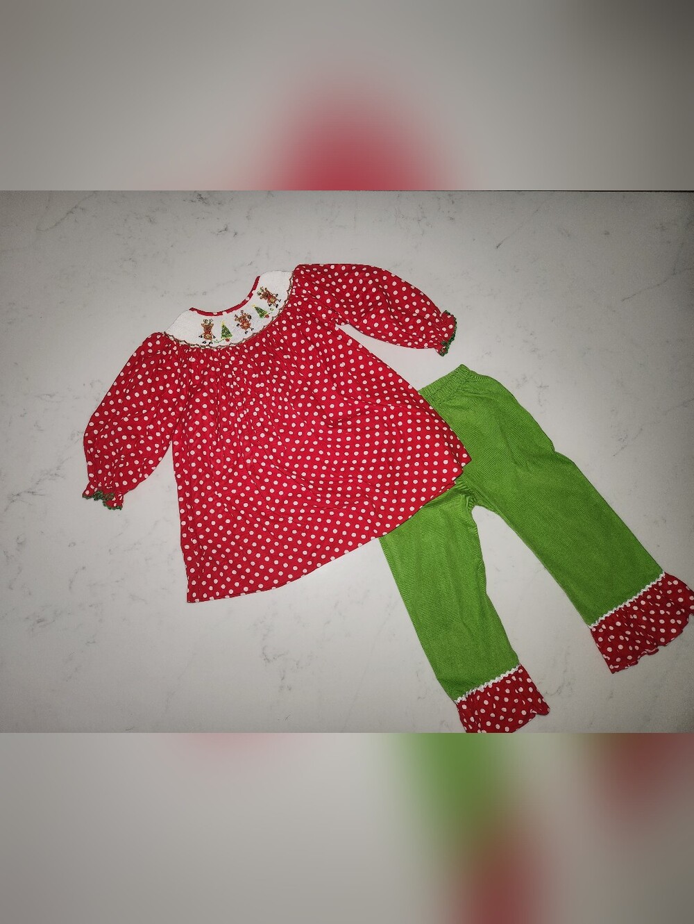 Girls Handmade Smocked Holiday Red Polka Dot Top with Green Ruffle Pants